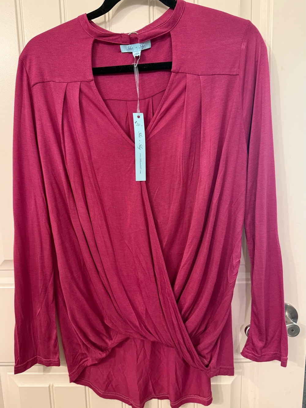 She + Sky Fuchsia Draped Wrap-Front Blouse